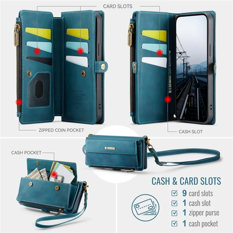 CASEME C39 Series For iPhone 13 Pro Case RFID Blocking 9 Card Slots Zipper Wallet Stand Leather Cover with Strap - Green