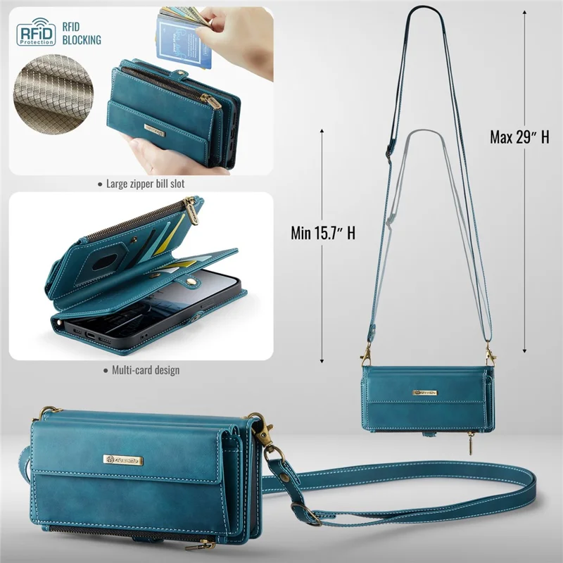 CASEME C39 Series For iPhone 13 Pro Case RFID Blocking 9 Card Slots Zipper Wallet Stand Leather Cover with Strap - Green