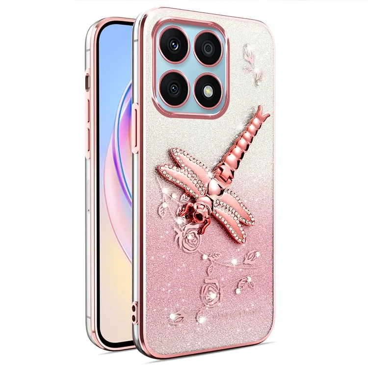 KADEM For Honor X8a 4G Case Dragonfly Supporto Kickstand TPU Fiori Glitter Cover per Telefono - Rosa