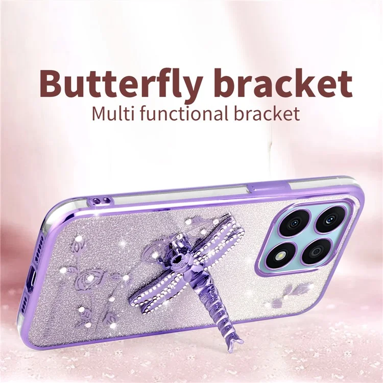 KADEM For Honor X8a 4G Case Dragonfly Supporto Kickstand TPU Fiori Glitter Cover per Telefono - Rosa