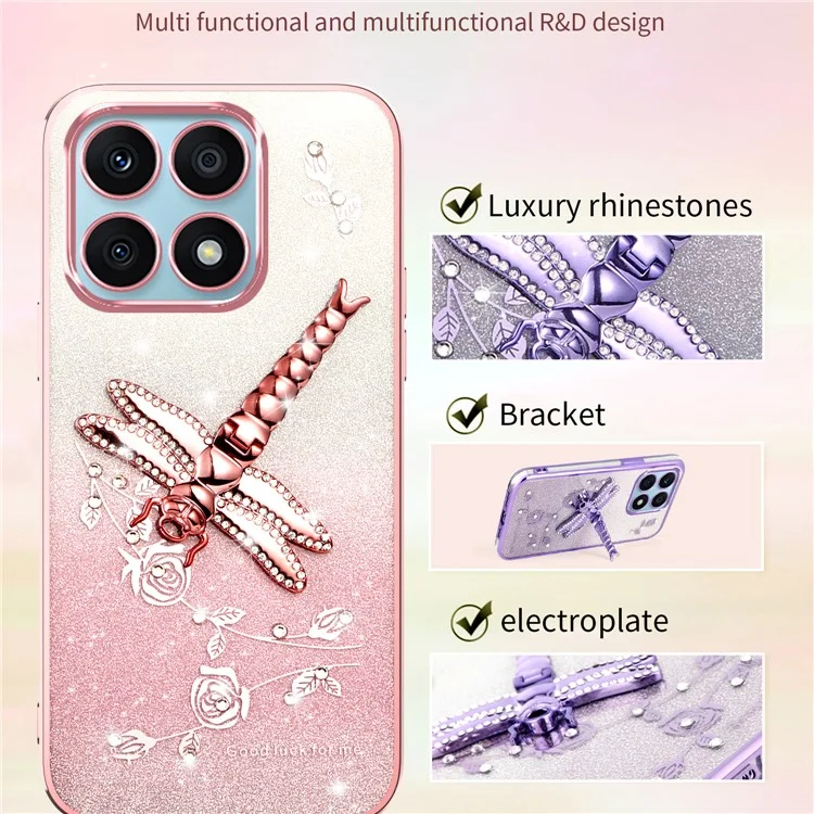 KADEM For Honor X8a 4G Case Dragonfly Supporto Kickstand TPU Fiori Glitter Cover per Telefono - Rosa