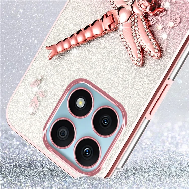 KADEM For Honor X8a 4G Case Dragonfly Supporto Kickstand TPU Fiori Glitter Cover per Telefono - Rosa
