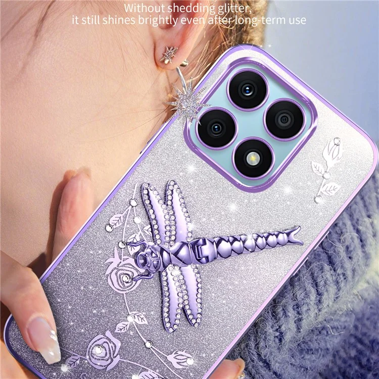 KADEM For Honor X8a 4G Case Dragonfly Supporto Kickstand TPU Fiori Glitter Cover per Telefono - Rosa