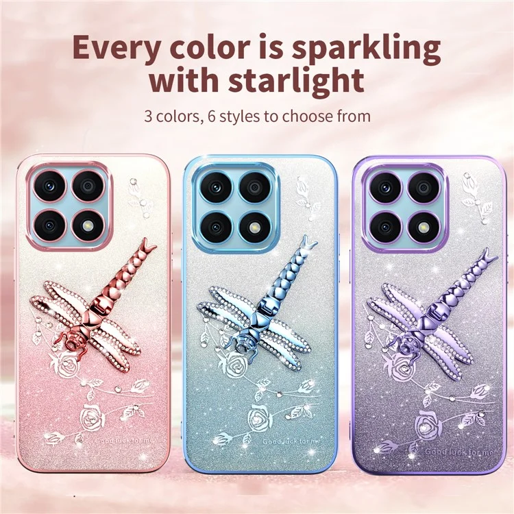 KADEM For Honor X8a 4G Case Dragonfly Supporto Kickstand TPU Fiori Glitter Cover per Telefono - Rosa