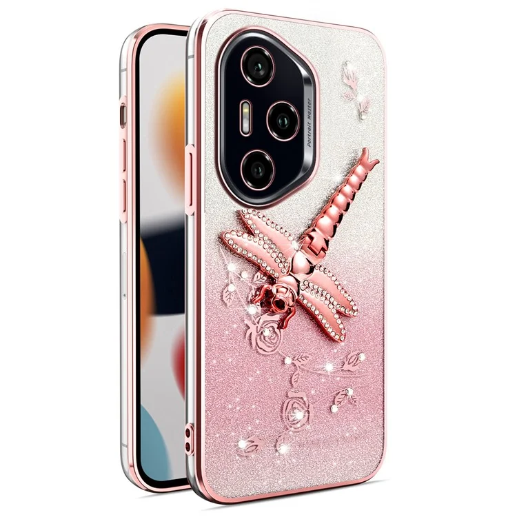KADEM For Honor 300 Pro Hülle Libelle Ständer TPU Blumen Glitzer Handyhülle - Pink