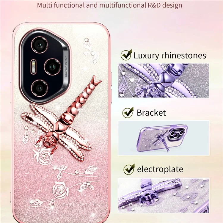 KADEM For Honor 300 Pro Hülle Libelle Ständer TPU Blumen Glitzer Handyhülle - Pink