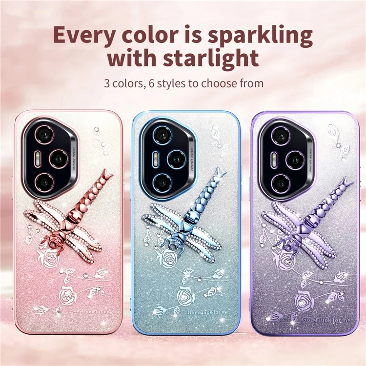 KADEM For Honor 300 Pro Hülle Libelle Ständer TPU Blumen Glitzer Handyhülle - Pink