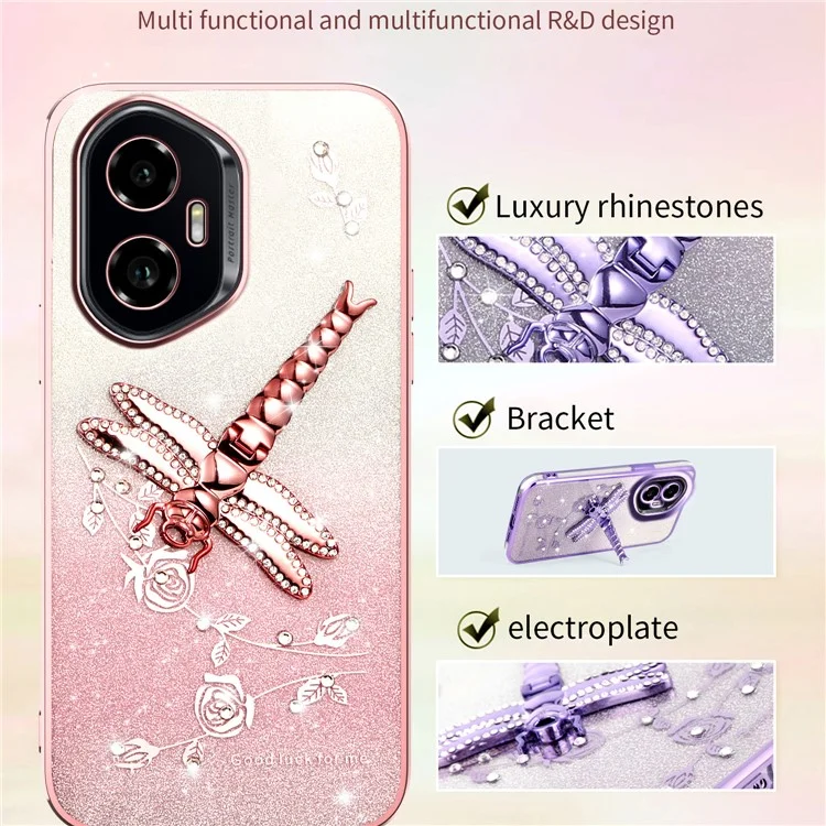 KADEM For Honor 300 Funda Dragonfly Kickstand TPU Flores Purpurina Funda de Teléfono - Púrpura