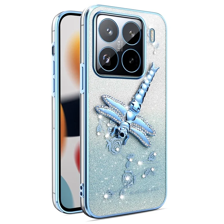 KADEM Per Xiaomi 15 Pro Custodia Dragonfly Kickstand TPU Fiori Glitter Cover per Telefono - Blu