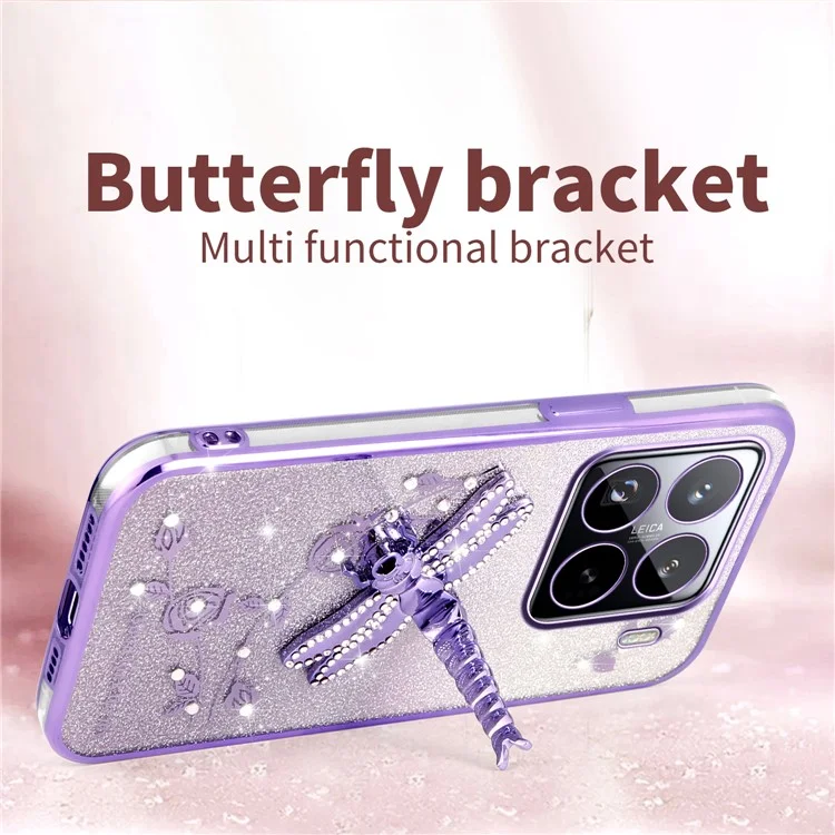 KADEM Per Xiaomi 15 Pro Custodia Dragonfly Kickstand TPU Fiori Glitter Cover per Telefono - Blu