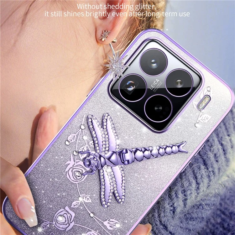 KADEM Per Xiaomi 15 Pro Custodia Dragonfly Kickstand TPU Fiori Glitter Cover per Telefono - Blu