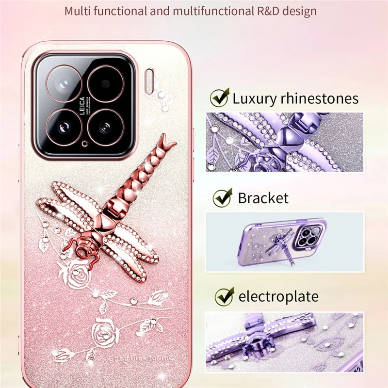 KADEM For Xiaomi 15 Case Dragonfly Kickstand TPU Flowers Glitter Phone Cover - Pink