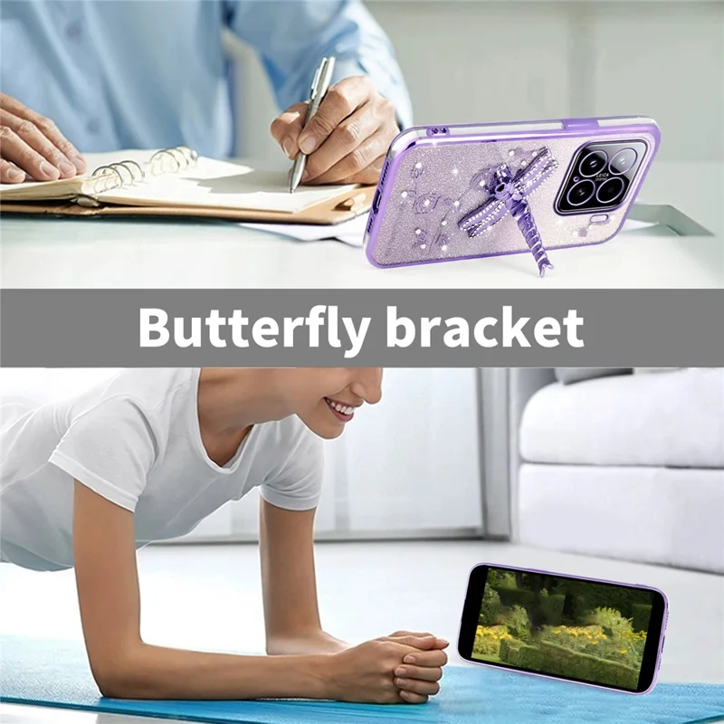 KADEM For Xiaomi 15 Case Dragonfly Kickstand TPU Flowers Glitter Phone Cover - Pink