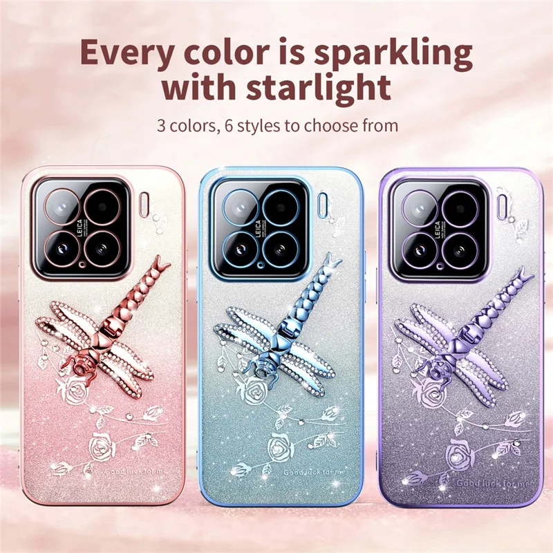 KADEM For Xiaomi 15 Case Dragonfly Kickstand TPU Flowers Glitter Phone Cover - Pink