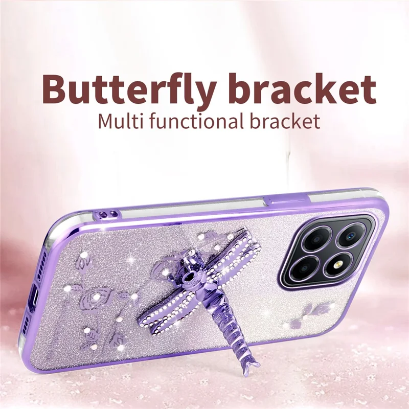 KADEM For Honor X8 5G Case Dragonfly Kickstand TPU Flowers Glitter Phone Cover - Purple