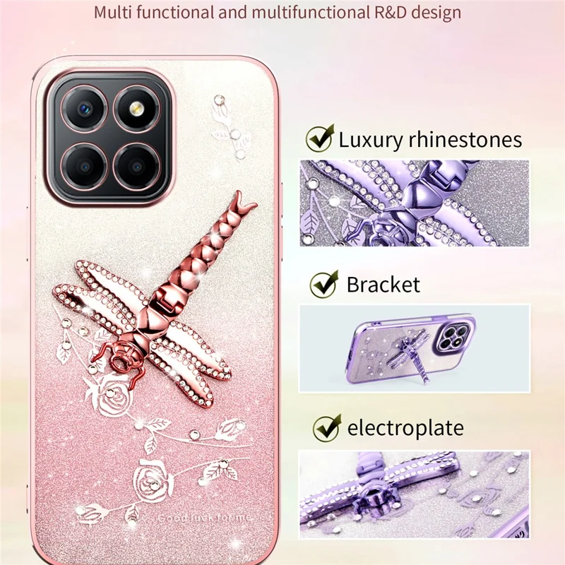 KADEM For Honor X8 5G Case Dragonfly Kickstand TPU Flowers Glitter Phone Cover - Purple