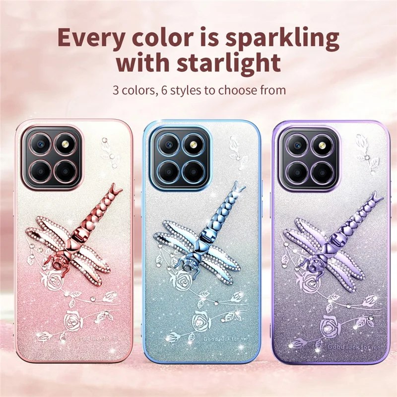 KADEM For Honor X8 5G Case Dragonfly Kickstand TPU Flowers Glitter Phone Cover - Purple