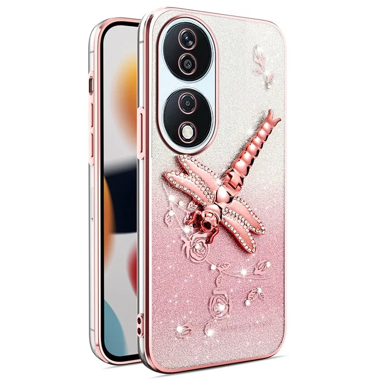 KADEM Para Honor X7b 4G / 90 Capa Inteligente Libélula com Suporte TPU Flores Glitter - Rosa