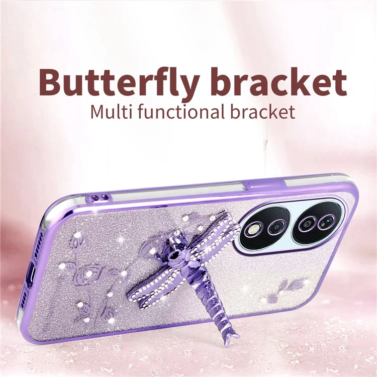 KADEM Para Honor X7b 4G / 90 Capa Inteligente Libélula com Suporte TPU Flores Glitter - Rosa