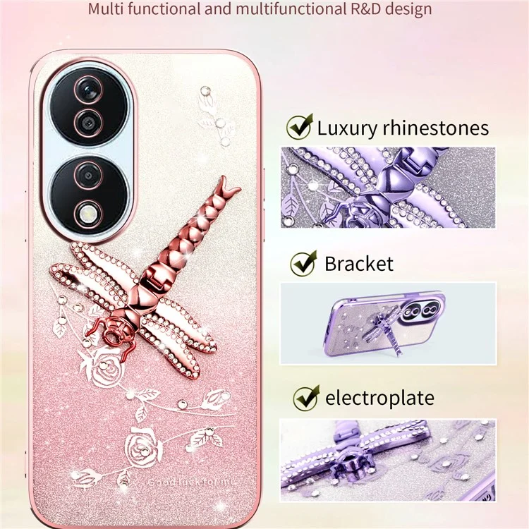 KADEM Para Honor X7b 4G / 90 Capa Inteligente Libélula com Suporte TPU Flores Glitter - Rosa