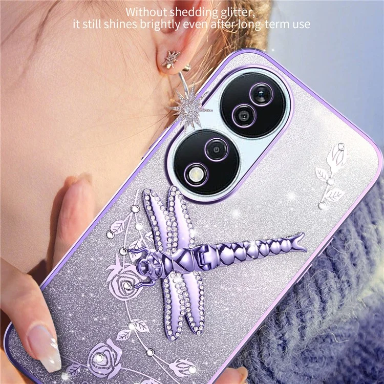 KADEM Para Honor X7b 4G / 90 Capa Inteligente Libélula com Suporte TPU Flores Glitter - Rosa