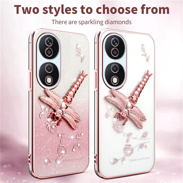 KADEM Para Honor X7b 4G / 90 Capa Inteligente Libélula com Suporte TPU Flores Glitter - Rosa