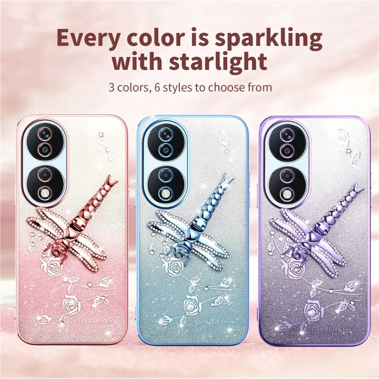 KADEM Para Honor X7b 4G / 90 Capa Inteligente Libélula com Suporte TPU Flores Glitter - Rosa