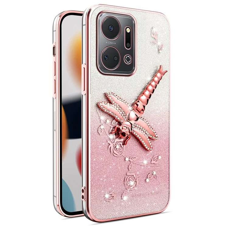 KADEM For Honor X7a 4G Custodia Dragonfly Supporto Kickstand TPU Fiori Glitter Cover Telefono - Rosa