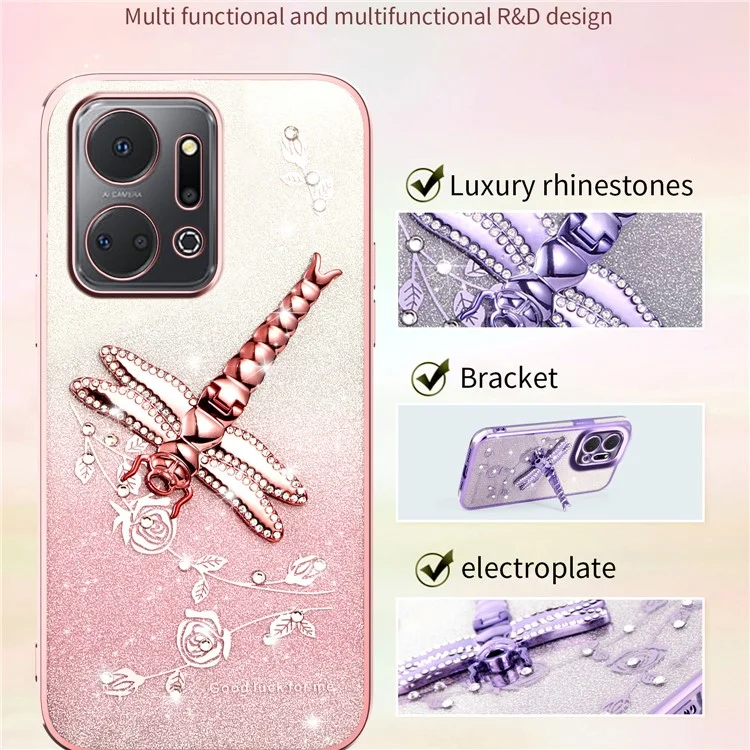 KADEM For Honor X7a 4G Custodia Dragonfly Supporto Kickstand TPU Fiori Glitter Cover Telefono - Rosa