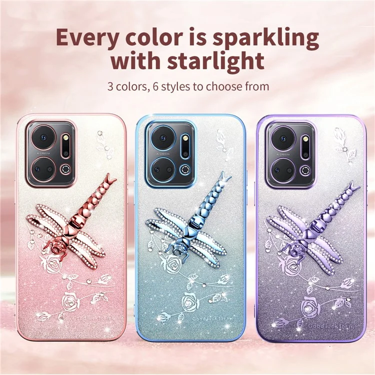 KADEM For Honor X7a 4G Custodia Dragonfly Supporto Kickstand TPU Fiori Glitter Cover Telefono - Rosa