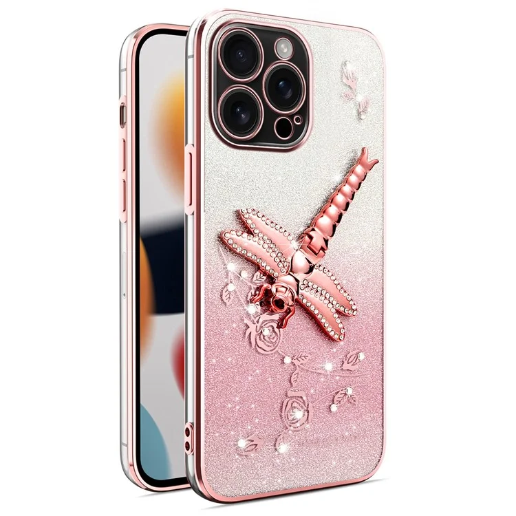 Custodia per iPhone 16 Pro KADEM con supporto per drago volante, fiori in TPU e glitter - Rosa
