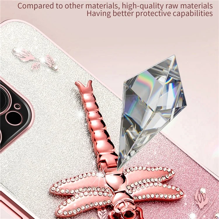 Custodia per iPhone 16 Pro KADEM con supporto per drago volante, fiori in TPU e glitter - Rosa