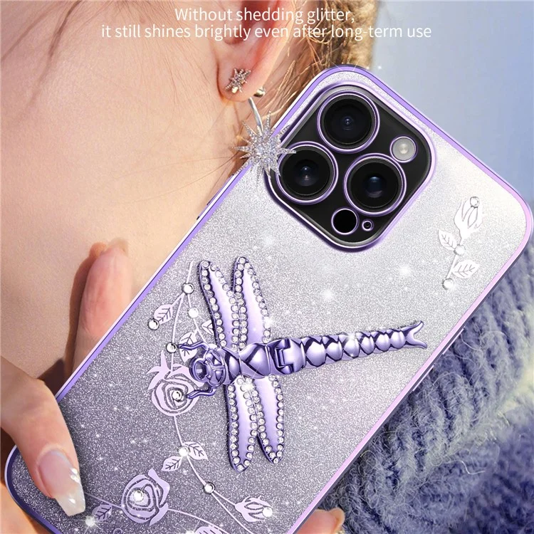 Custodia per iPhone 16 Pro KADEM con supporto per drago volante, fiori in TPU e glitter - Rosa