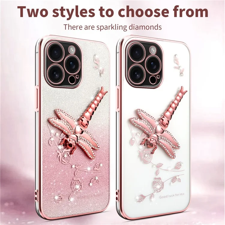 Custodia per iPhone 16 Pro KADEM con supporto per drago volante, fiori in TPU e glitter - Rosa