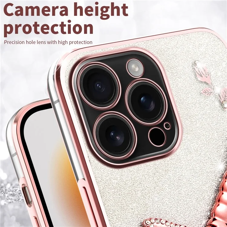 Custodia per iPhone 16 Pro KADEM con supporto per drago volante, fiori in TPU e glitter - Rosa