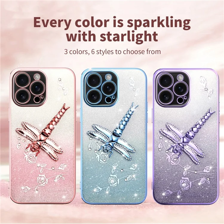 Custodia per iPhone 16 Pro KADEM con supporto per drago volante, fiori in TPU e glitter - Rosa