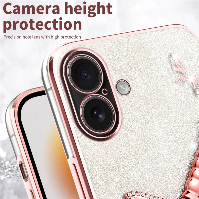 KADEM For iPhone 16 Case Dragonfly Kickstand TPU Flowers Glitter Phone Cover - Pink