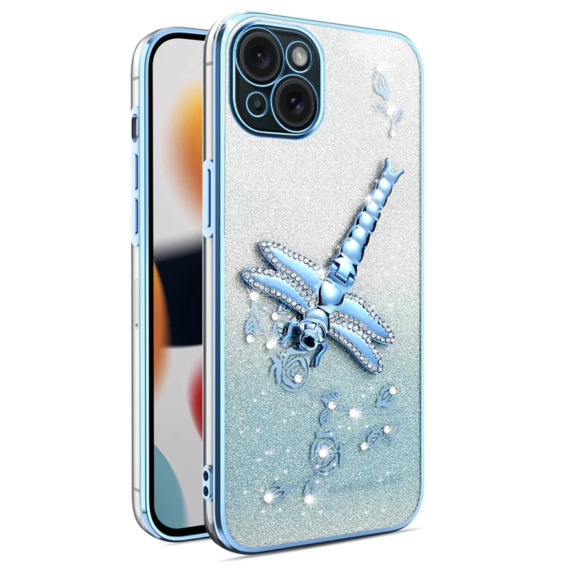 KADEM For iPhone 15 Case Dragonfly Kickstand TPU Flowers Glitter Phone Cover - Blue