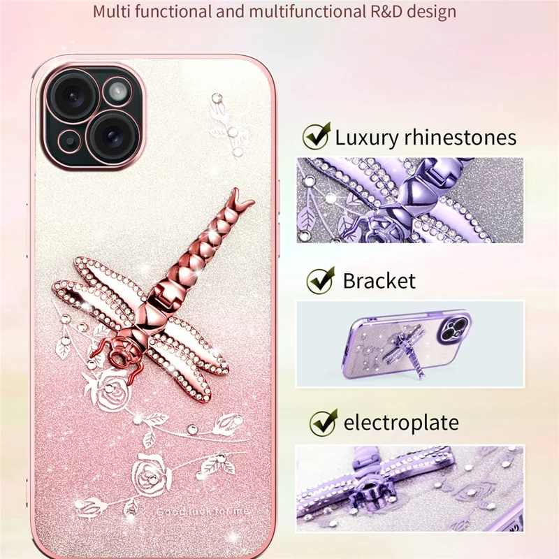 KADEM For iPhone 15 Case Dragonfly Kickstand TPU Flowers Glitter Phone Cover - Blue