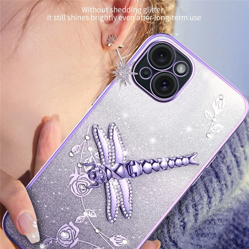 KADEM For iPhone 13 Case Dragonfly Kickstand TPU Flowers Glitter Phone Cover - Pink