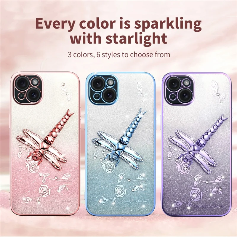 KADEM For iPhone 13 Case Dragonfly Kickstand TPU Flowers Glitter Phone Cover - Pink