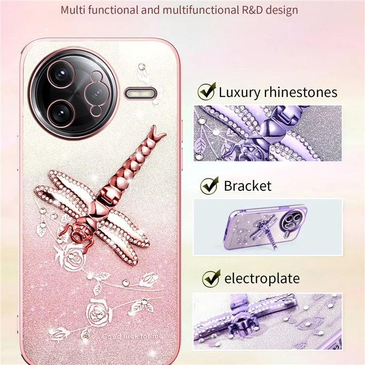 KADEM Para Xiaomi Redmi K80 Pro 5G Funda Libélula Soporte TPU Flores Purpurina Funda de Teléfono - Rosa