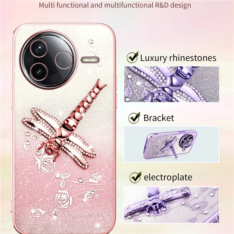 KADEM Para Xiaomi Redmi K80 5G Capa com Suporte de Libélula, TPU com Flores Brilhantes - Roxo