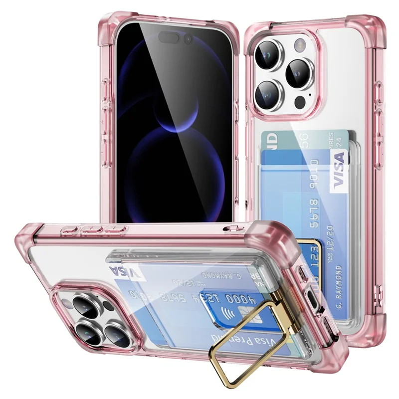 Cover per iPhone 16 Pro con Angoli Rinforzati TPU + Cover Telefonica in Acrilico con Supporto e Porta Carta - Trasparente Rosa