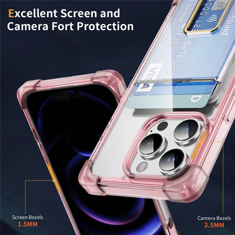 Cover per iPhone 16 Pro con Angoli Rinforzati TPU + Cover Telefonica in Acrilico con Supporto e Porta Carta - Trasparente Rosa