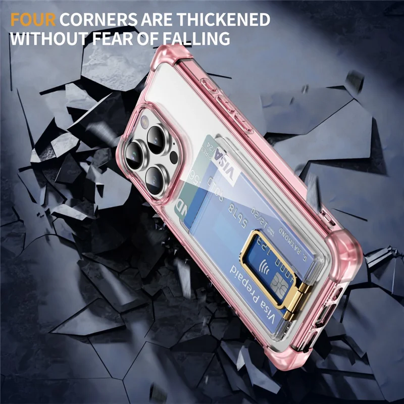 Cover per iPhone 16 Pro con Angoli Rinforzati TPU + Cover Telefonica in Acrilico con Supporto e Porta Carta - Trasparente Rosa