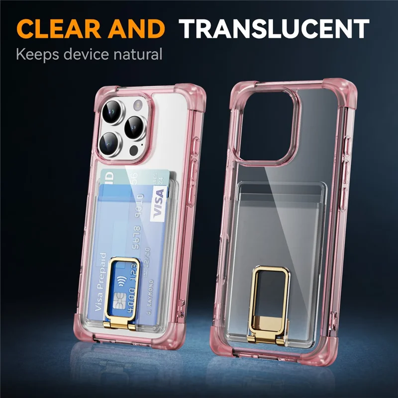 Cover per iPhone 16 Pro con Angoli Rinforzati TPU + Cover Telefonica in Acrilico con Supporto e Porta Carta - Trasparente Rosa