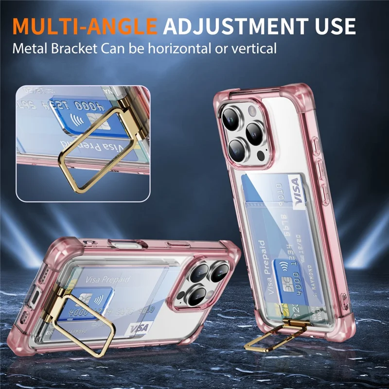 Cover per iPhone 16 Pro con Angoli Rinforzati TPU + Cover Telefonica in Acrilico con Supporto e Porta Carta - Trasparente Rosa