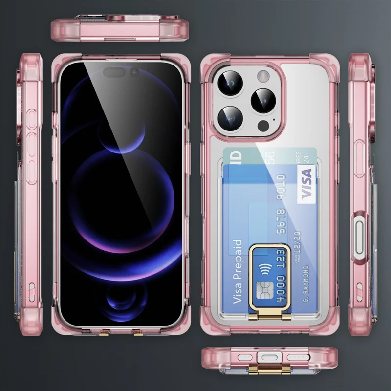 Cover per iPhone 16 Pro con Angoli Rinforzati TPU + Cover Telefonica in Acrilico con Supporto e Porta Carta - Trasparente Rosa