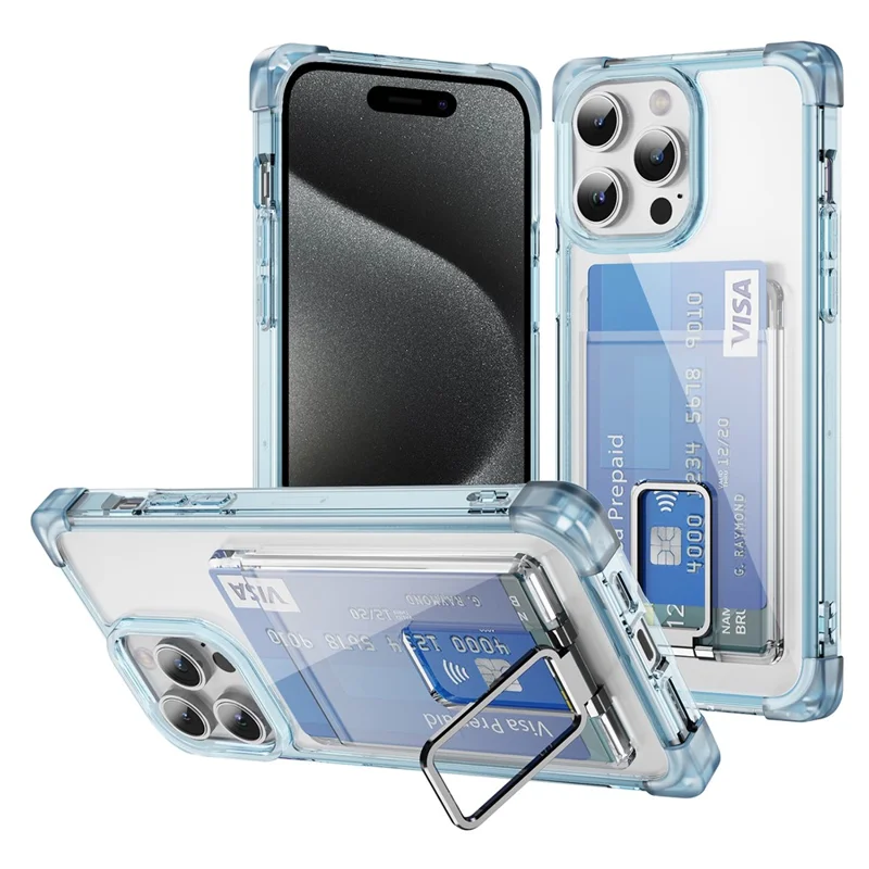 For iPhone 15 Pro Max Case Reinforced Corners TPU + Acrylic Phone Cover with Kickstand Card Holder - Transparent Blue